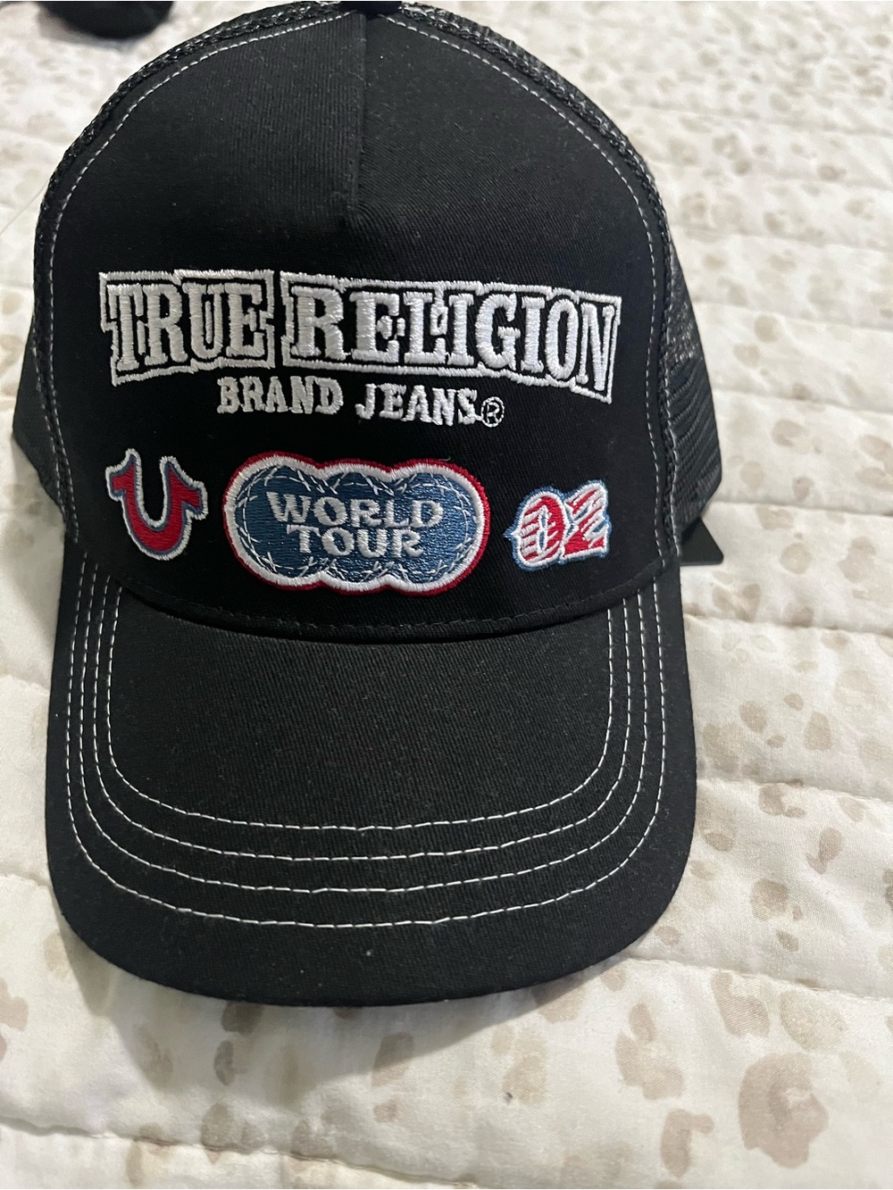 True Religion Black Baseball Cap with White & Red Embroidered Accents